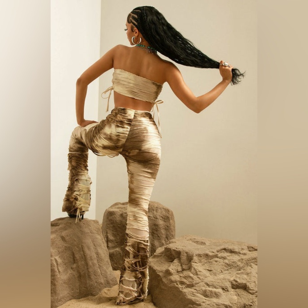 Fashion Nova Beige Brown Ruched Strapless Bootcut 2pc pants set. - Picture 2 of 4